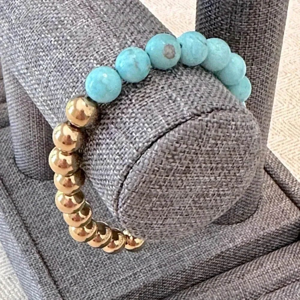 Turquoise Beaded 18k PVD Stainless Steel Ball Stretch Bracelet Waterproof - Picture 3 of 5